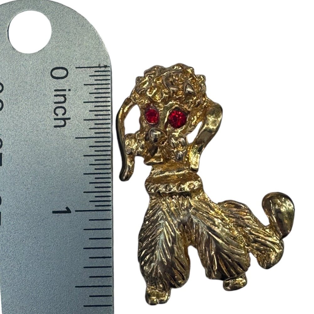 Vintage Gold-Tone Poodle Brooch With Red Rhinestone Eyes - Picture 5 of 15